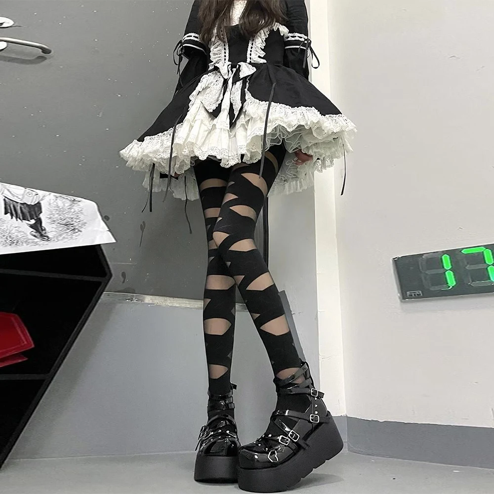 Medias de terciopelo suave con diseño de vendaje gótico Lolita para mujer, medias inferiores con correa cruzada Sexy, Punk, Emo, JK, Cosplay, medias