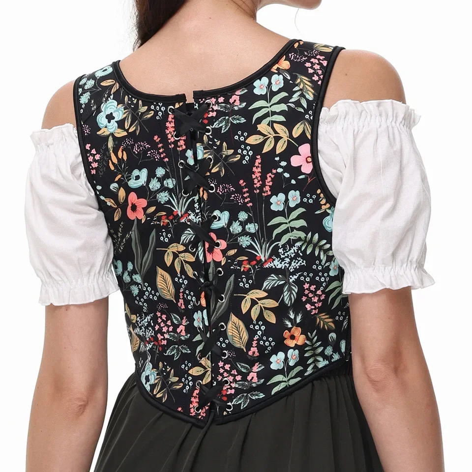 Black Sexy Floral Print Victorian Medieval Vintage Gothic Women's Bandeau Corset Adjustable Straps Top Cosplay Costume