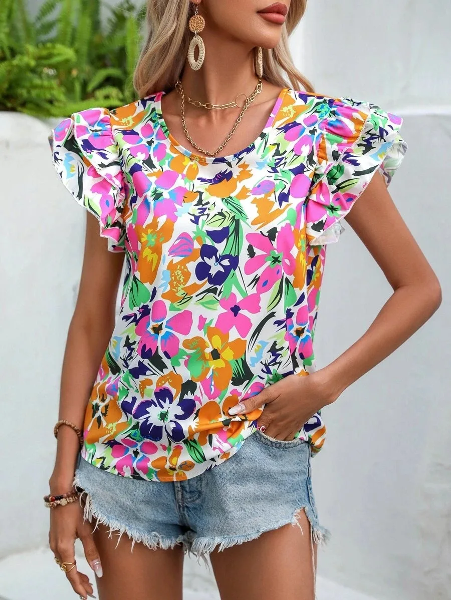 Elegant Blouses For Women Ruffle Short Sleeve Top Fashion Print Shirts & Blouses Youthful Woman Clothes Summer Trend 2024