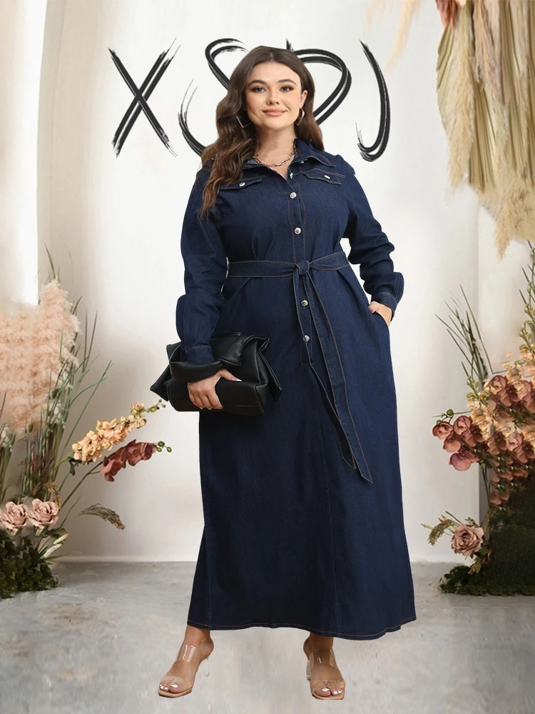 Long Denim Dress Sleeves Winter Plus Size Dress Women Elegant Luxury Cardigan Casual Denim Dress Wholesale Dropshipping