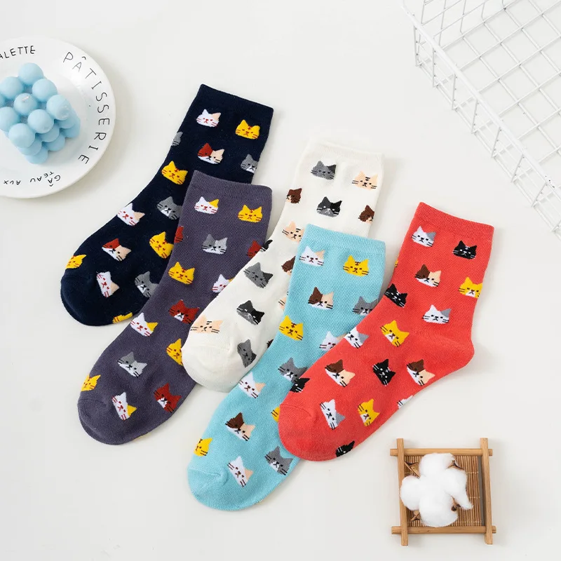 

5 Pairs Women Cute Socks Set Cartoon Cat Middle Tube Breathable Cotton Socks Casual Fashion Kawaii Animal Anime Short Ankle Sock
