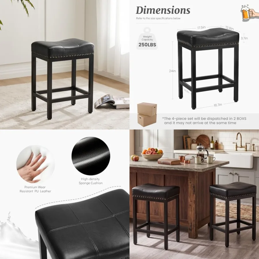 

Saddle Bar Stools, Inch Counter Height with Curved PU Leather Surface, 3.7" Thick Upholstery Bar Height Stools with Footrest fo