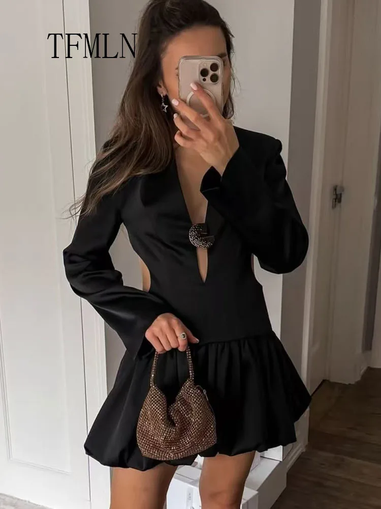 TFMLN 2026 Spring Summer Hollow Out Mini Dress For Women Sexy Backless Long Sleeve Folds Party Dress Elegant Date Night Dress