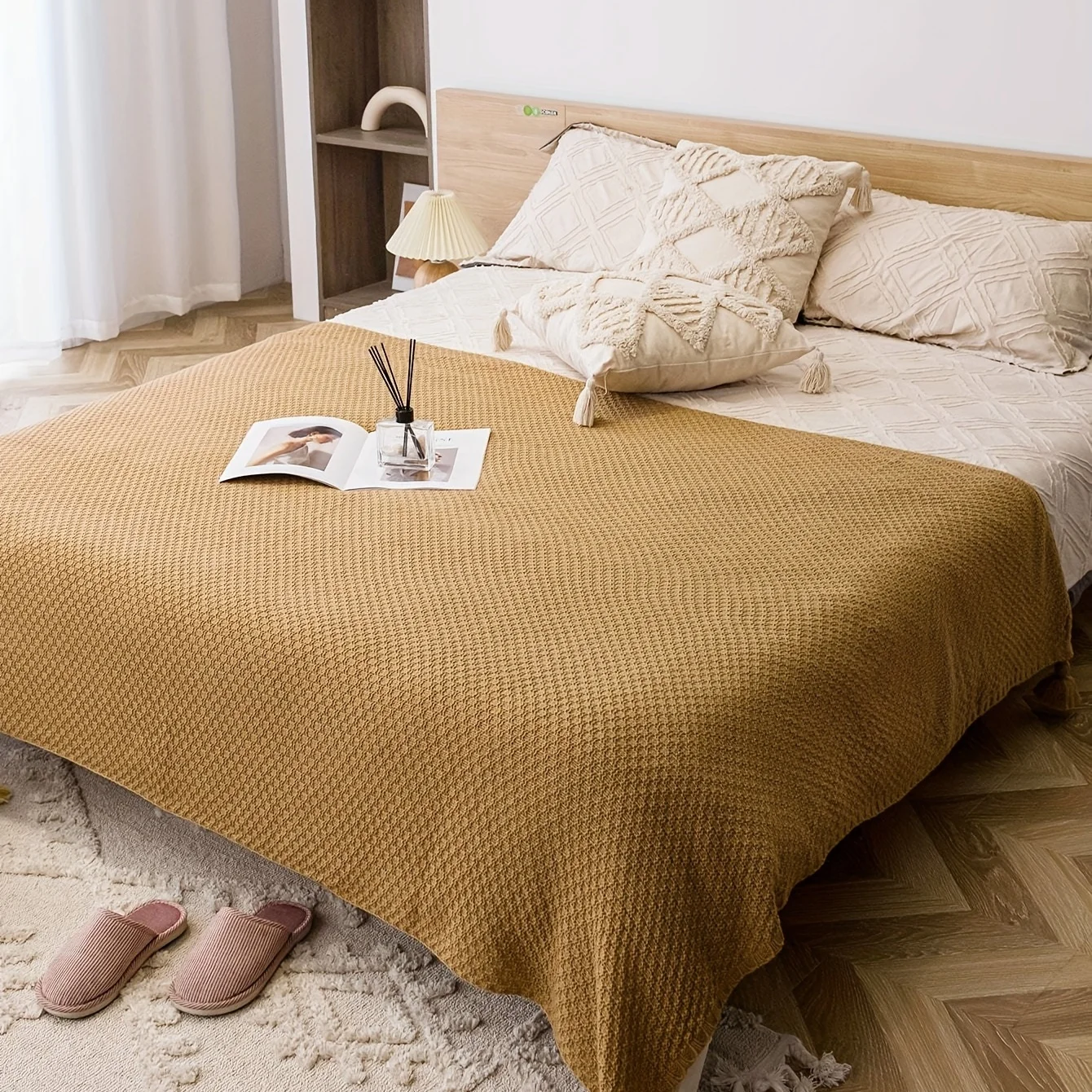 

1 шт., вязаное шариковое одеяло верблюжьего цвета, доступное комфортное, приятное для кожи мягкое одеяло