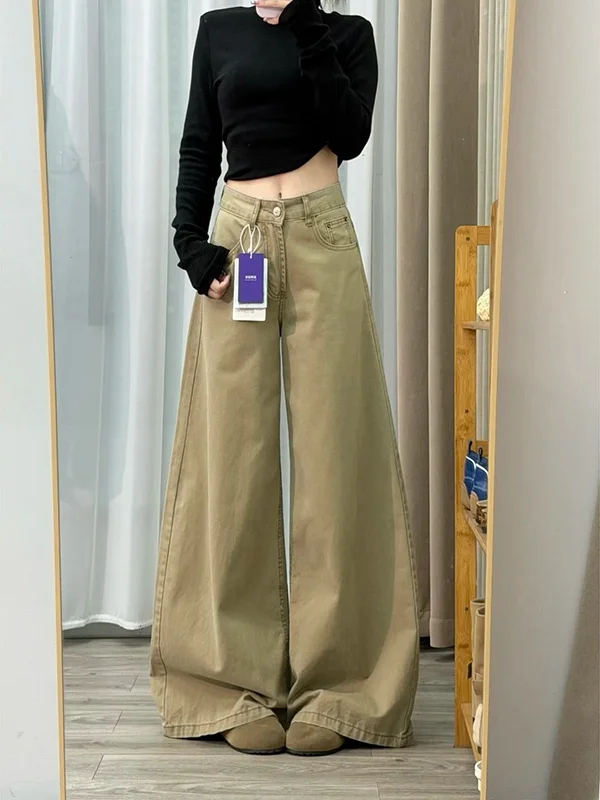 Retro Amerikaanse kaki Fce gevoerde wijde pijpen losvallende Thiened-denimbroek voor dames Casual broek met hoge taille en rechte snit