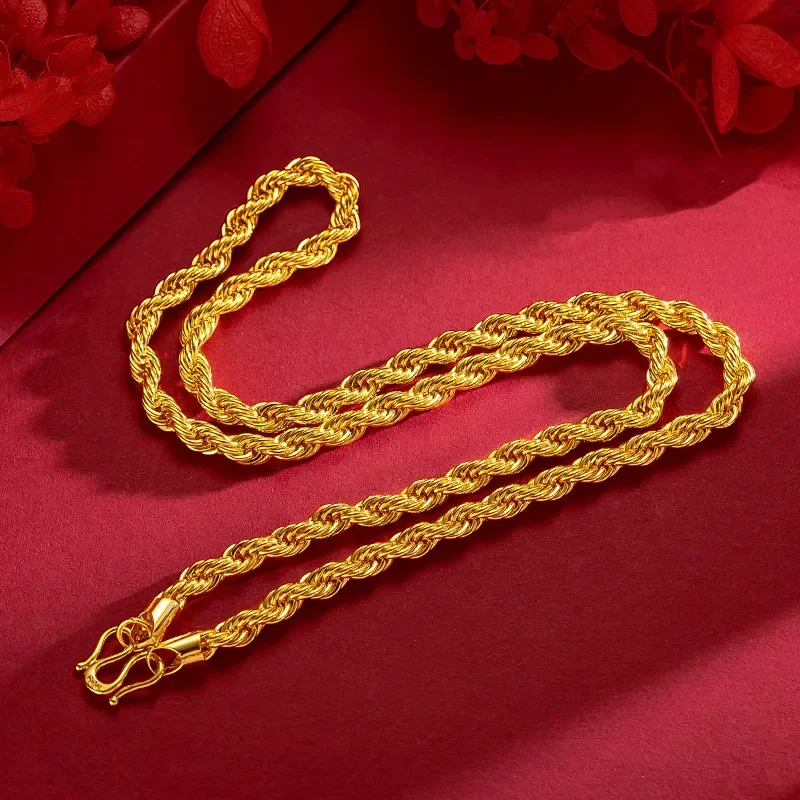 

High - Quality 24K 9999 Real Gold Yellow Gold Men's Fried Dough Twists Neck Chain, packed Local Tyrant Head Necklace