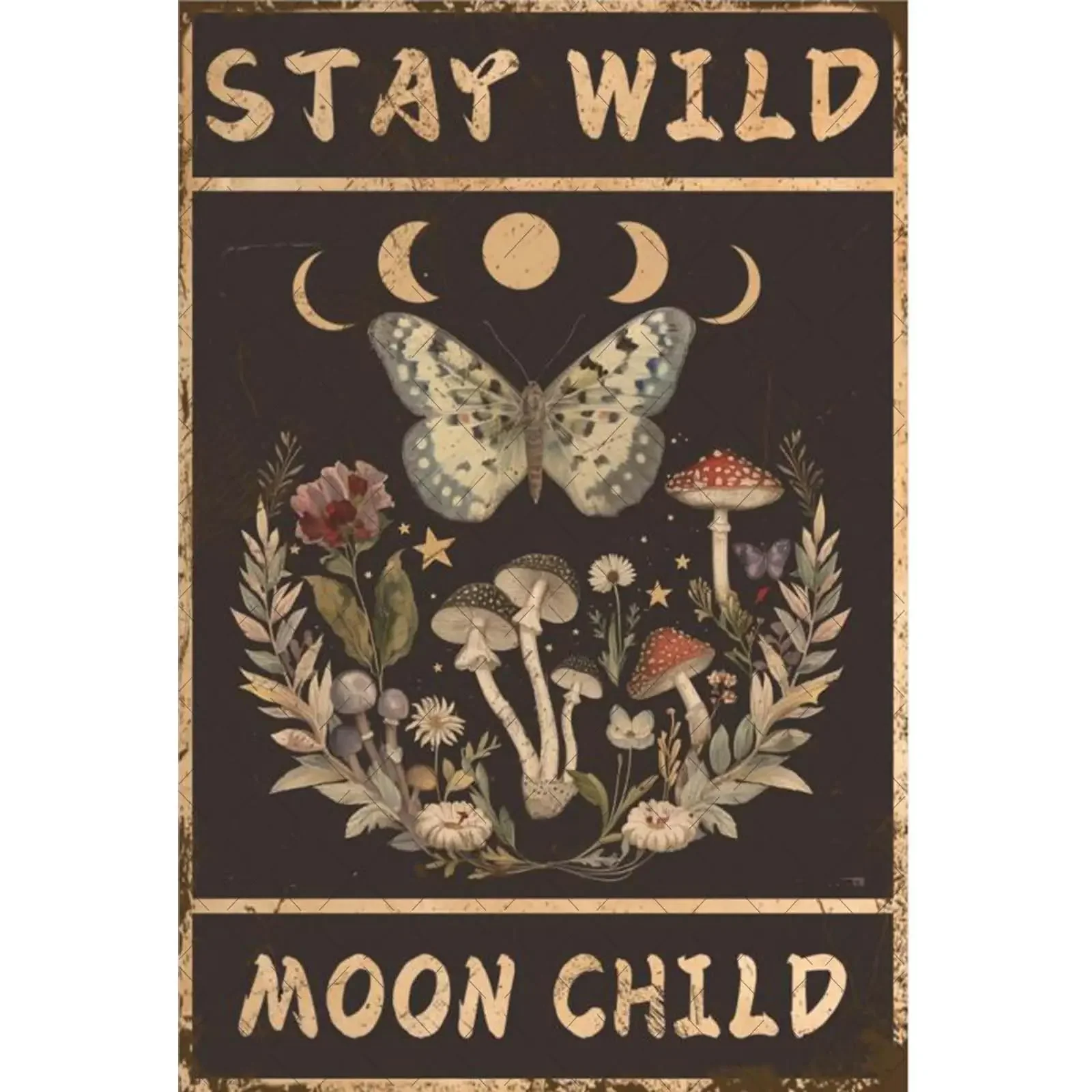 Stay Wild Moon Child Poster Retro Metal Tin Sign Mushroom Decor Moon Decor For Gifts Bathroom Living Room 8x12 Inch