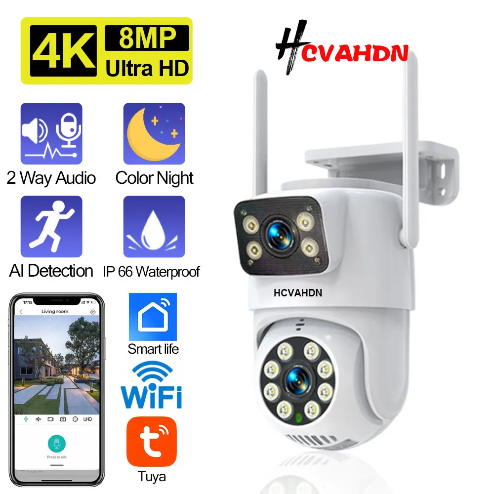 

Tuya 4K 8MP PTZ Wifi Security Camera Dual Lens with Dual Screen Ai Auto Tracking Wireless CCTV Surveillance Camera Smart Life