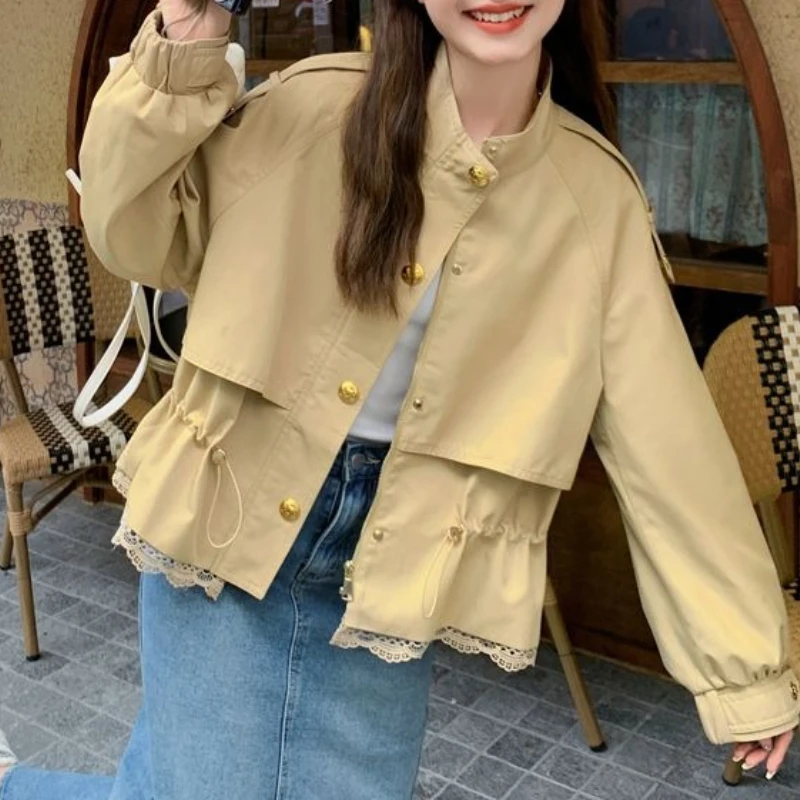 Khaki Lace Splicing Small Short Coat Women Small 2026 Spring New Tooling Waist Stand-up Collar Trench Coat