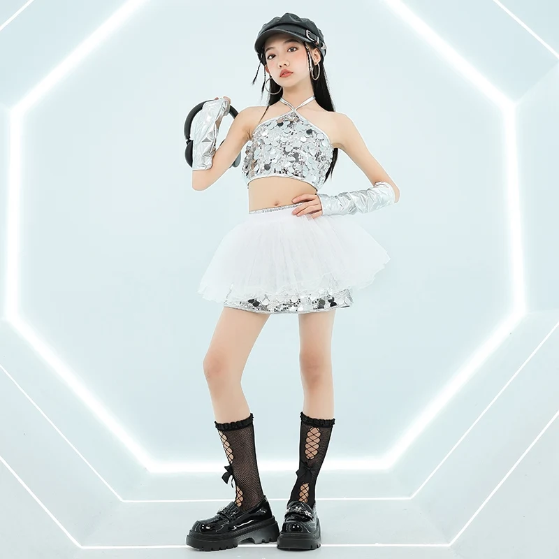 Kpop Meisjes Jazzdans Zilveren Pailletten Pak Kostuums Opknoping Hals Vest Rok Dans Kleding Street Dance Hip Hop Show Wear DQL10653