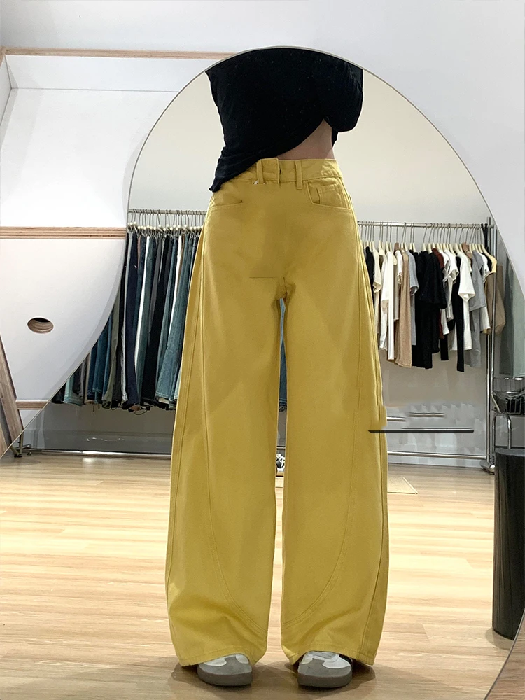 

High street vintage design yellow jeans women's spring new high waisted loose fit slimming straight leg wide leg pants