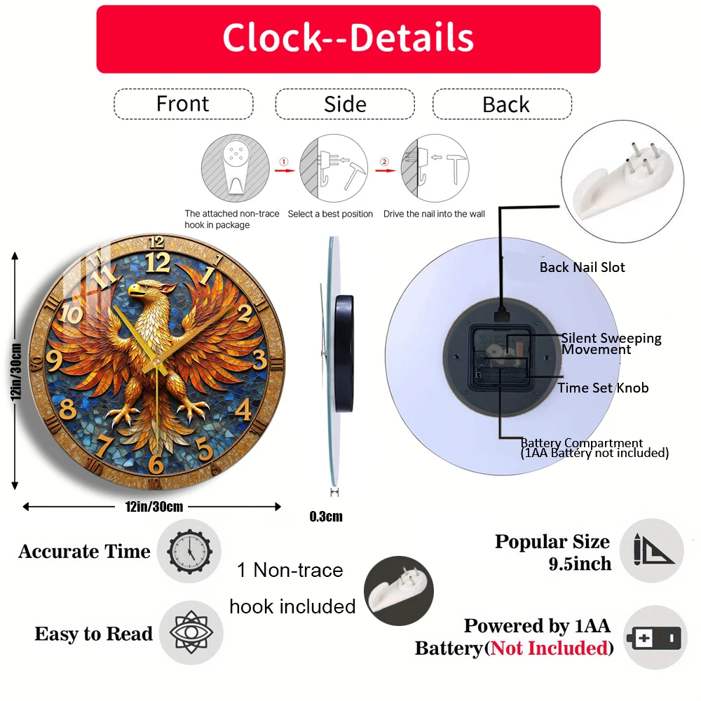 Tempered Glass Wall Clock Golden Eagle Clock Design Suitable For Wall Decor or Tabletop Display Anywhere