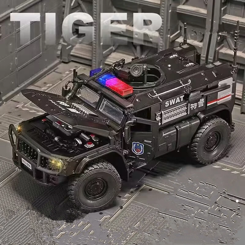 1:32 Alloy Tiger Armored Car Model Diecasts Military Truck Model Metal Toys Police Explosion Proof Car Sound and Light Kids Gift