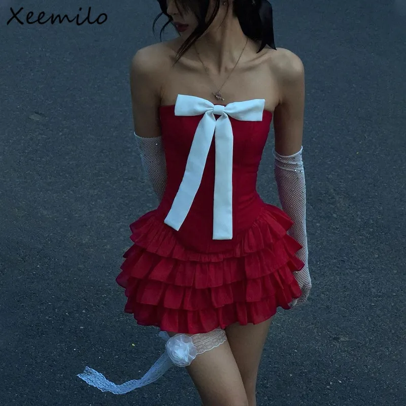 Y2K Bow Applique Mesh Pleated Mini Dress Aesthetic Retro Strapless Bandage Backless Dresses Sexy Birthday Party Dress