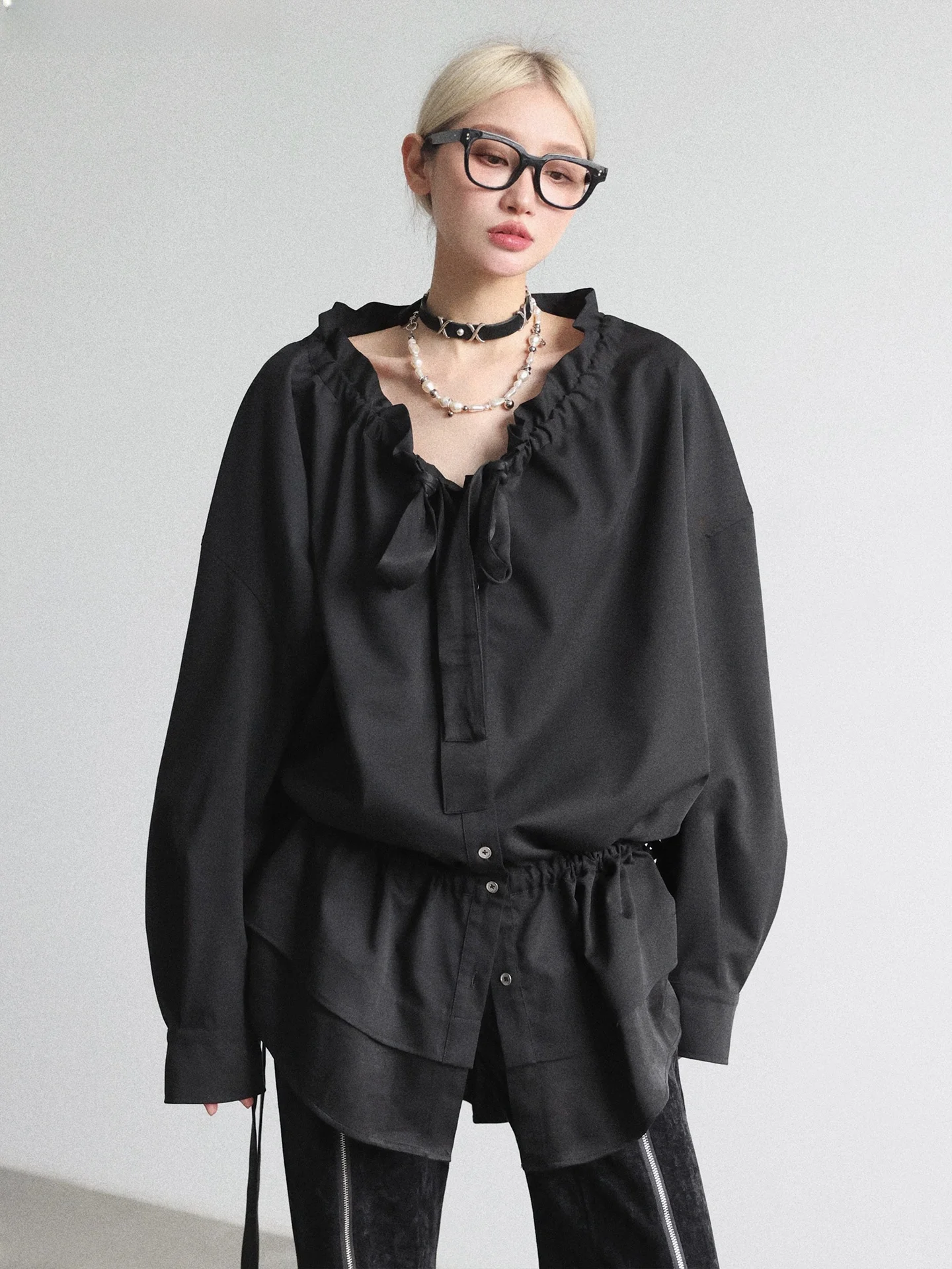 

Повседневная свободная блузка Wuhuanxiang с широким вырезом и длинными рукавами для женщин, из смеси полиэстера, лиоцелла и спандекса, Весна 2026