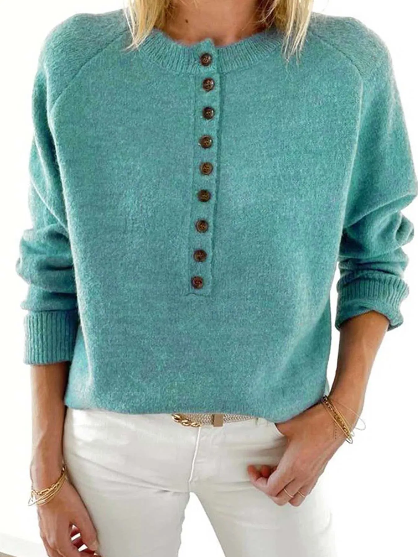 Maglione Pullover solido mezzo bottone, maglione spalla Raglan manica lunga Casual, abbigliamento donna