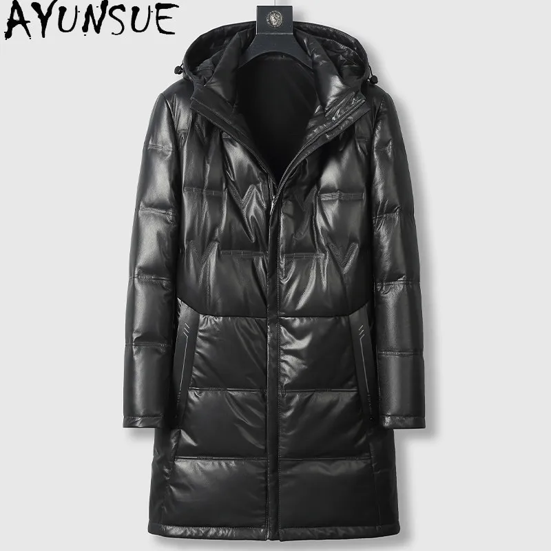 

AYUNSUE Real Calfskin 100% Genuine Leather Jacket Men Winter 90% White Duck Down Coat Man Hooded Mid-length Warm Puffer Coats