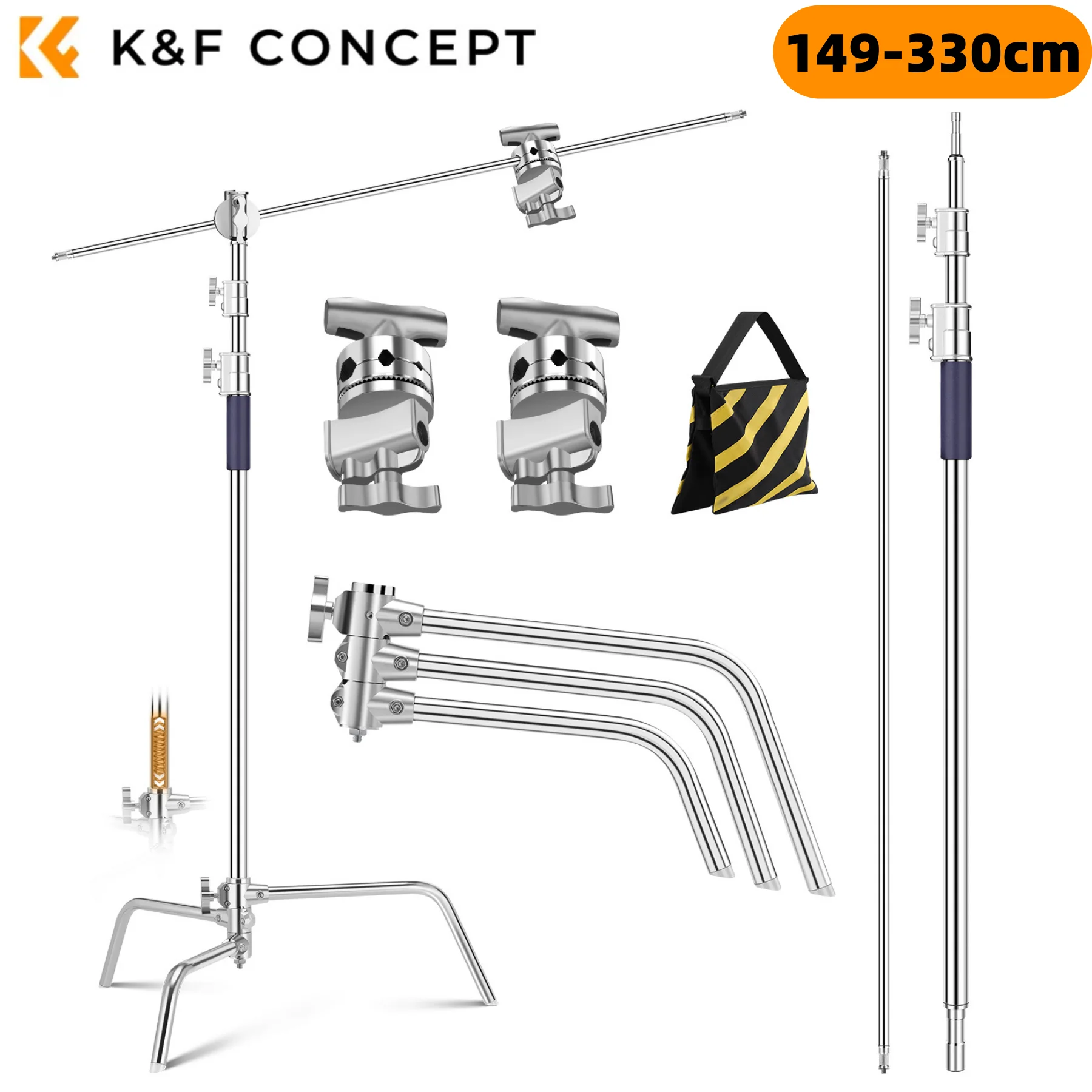 K&F CONCEPT 10.8ft/330cm Heavy Duty RVS C-Stand Fotografie Lichtstatief met Houdarm Zandzak 2*Grip Head Voor Studio