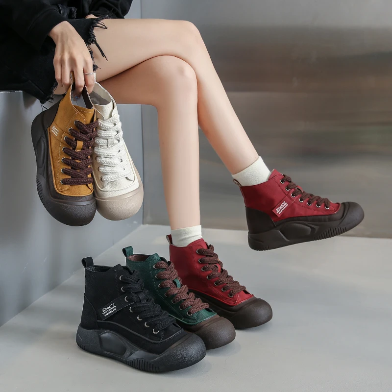 Women Lace-Up Front High Top Flatform Canvas Shoes Fashion Casual comfortable Height Increasing Sneakers Women's Shoes