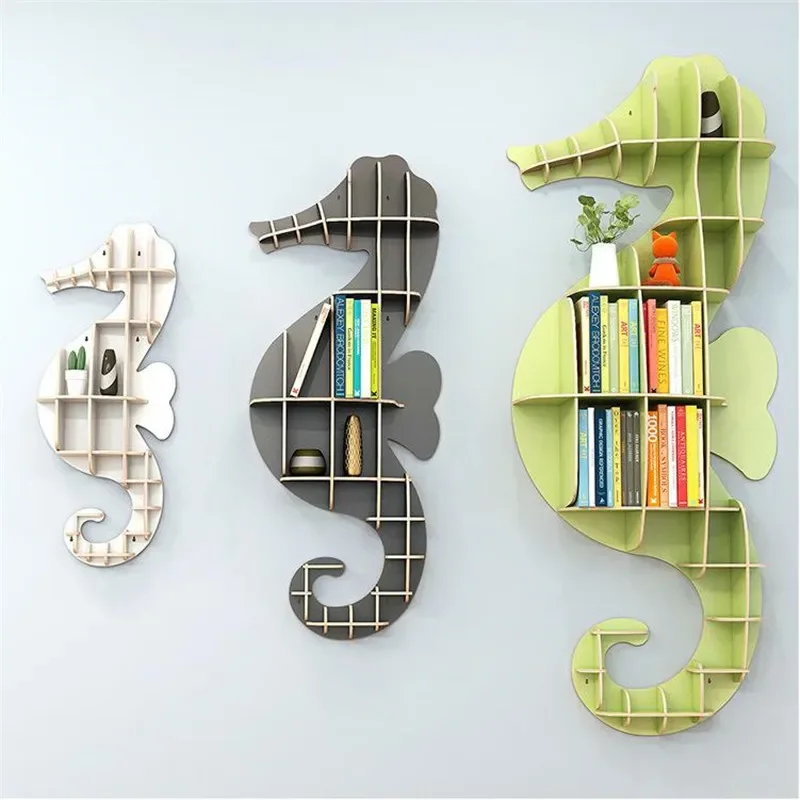 Wood Nordic Hippocampus Wall-mounted Rack Storage Shelf Bookshelf Living Room Wooden Wall Decorations Shelves black white red