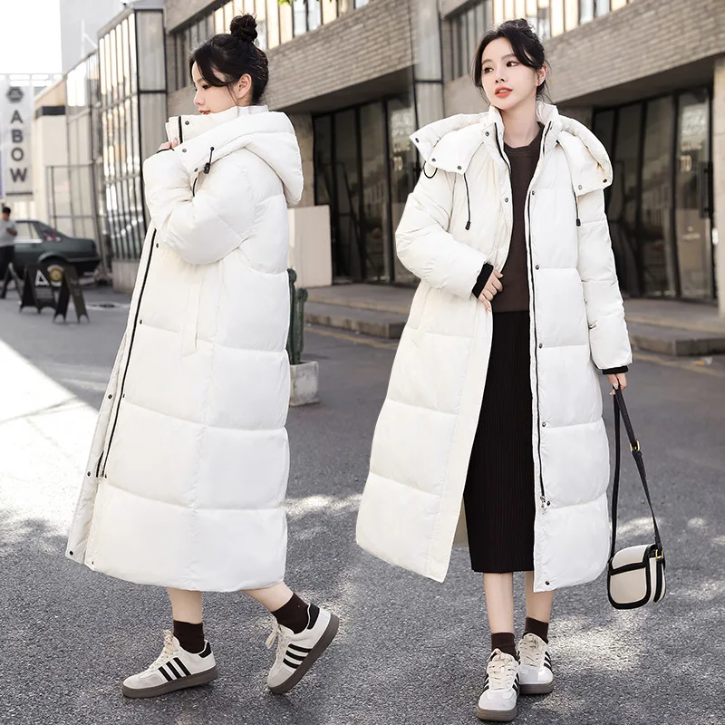 

2023 New Korean Jacket Women Winter X-long Parkas Solid Hooded Thicken Warm Female Snow Wear Coat Padded Loose Clothes Outerwear