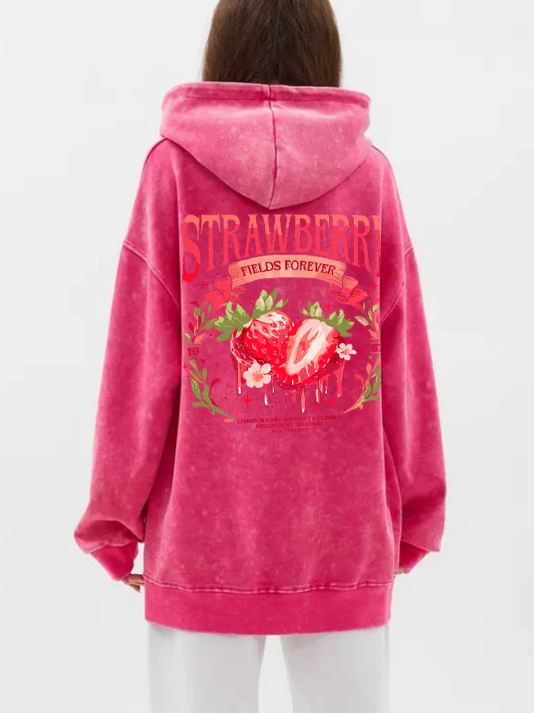 Vintage Women Acid Wash Hoodies Strawberry Fields Forever Prints Pullovers Pocket Oversize Cotton Hooded Fashion Female Tops