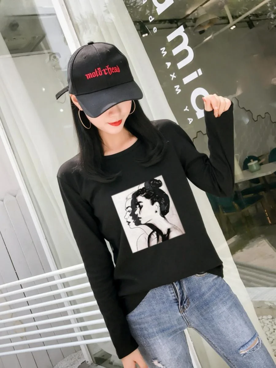 Loose Long Sleeve T-Shirt Women's Student Base Shirt Top Trendy Korean Style Personality Head Print Autumn Fashion 