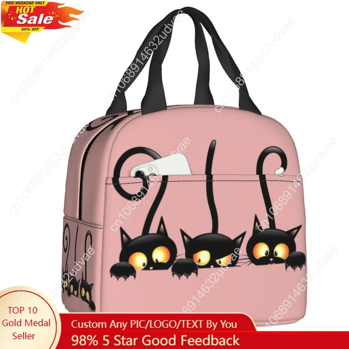

Black Cats Cartoon Pattern Insulated Lunch Bags for Women Halloween Witch Cat Portable Thermal Cooler Food Lunch Box