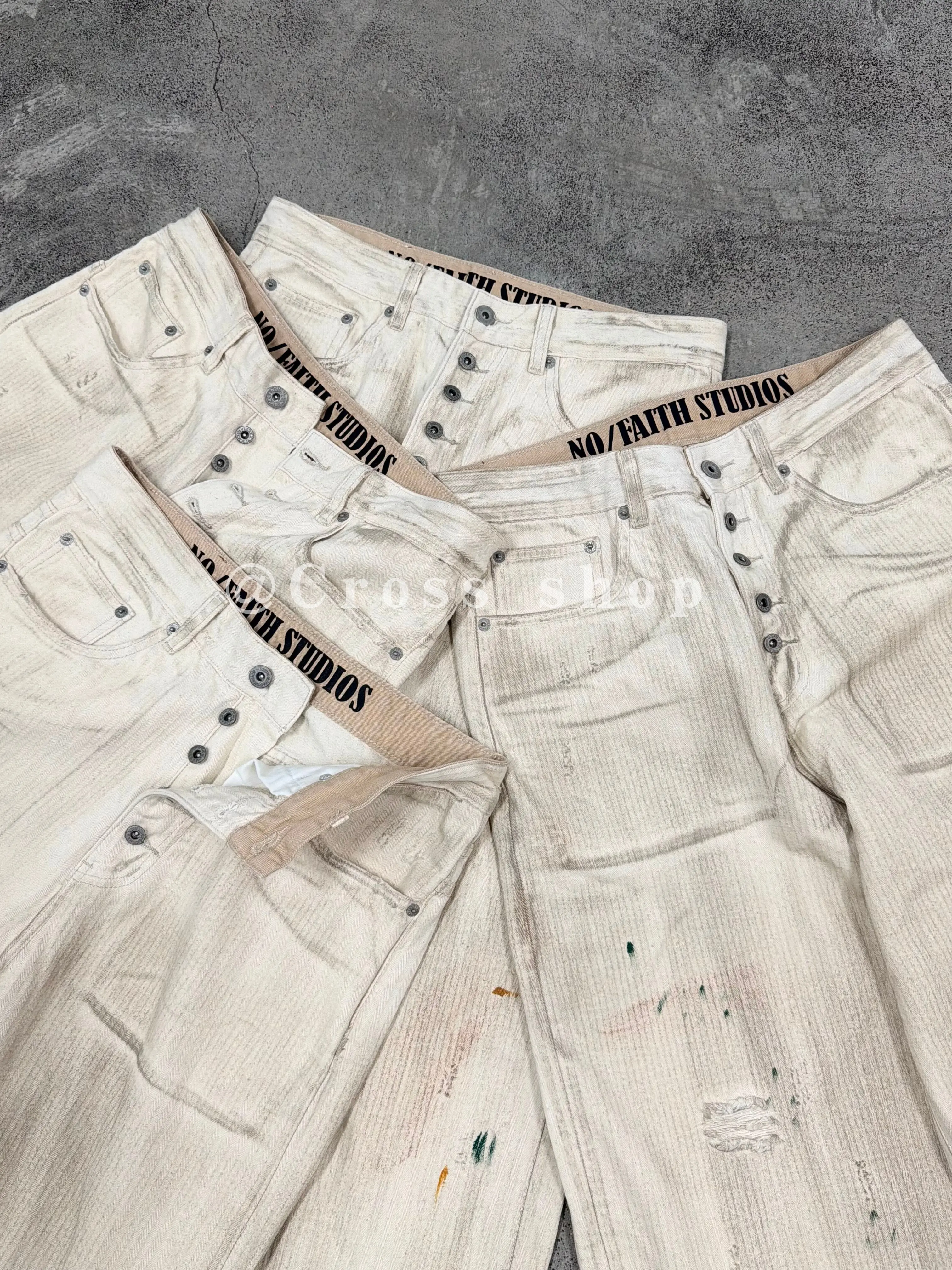 No faith studios denim dirty dyed old white mud splashing ink straight buckle denim overalls