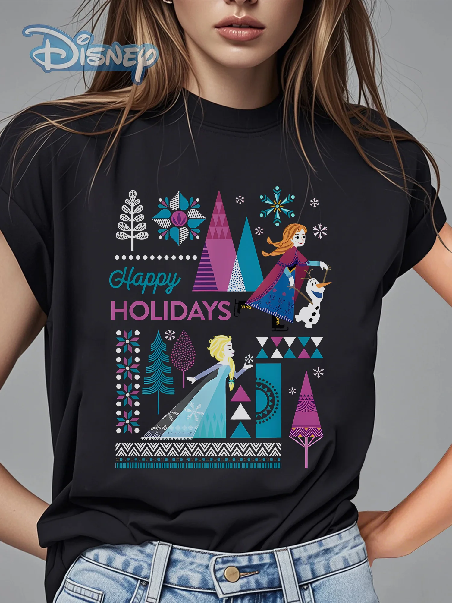 تي شيرت ديزني فروزن آنا إلسا أولاف Happy Holidays للسيدات - تي شيرت كاجوال 100% قطن بأكمام قصيرة ورقبة دائرية مع احتفالات