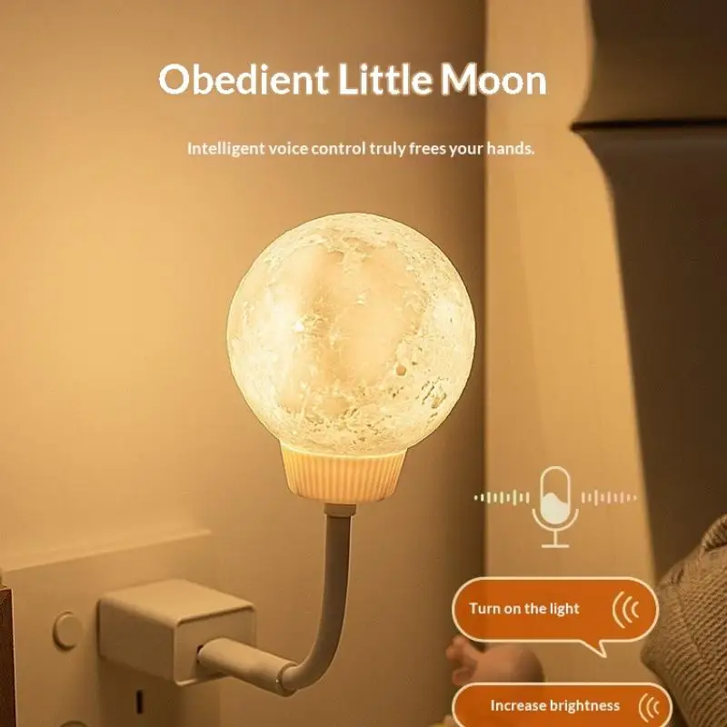 Plug-in Voice Control Moon LED Night Light, Flexible Gooseneck Warm Lamp for Kids Nursery Bedroom Decoration