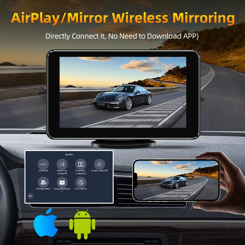 Srnubi 7 Inch 4K ADAS Dash Cam Wireless CarPlay & Android Auto 3 Channel Recording Car DVR FM GPS Time Lapse 24h Park Monitor