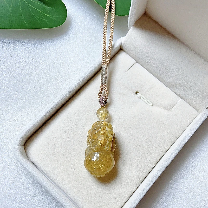 

Natural Gold Rutilated Crystal Quartz Pixiu Pendant necklace Realistic Carving Art Healing Reiki Energy Spiritual