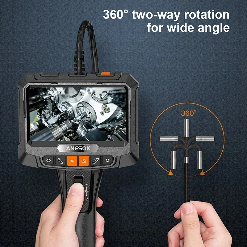 

Two-Ways Articulation Probe Endoscope Camera 5" IPS Screen Inspection Videoscope Digital Steering Endoscopic Borescope for car