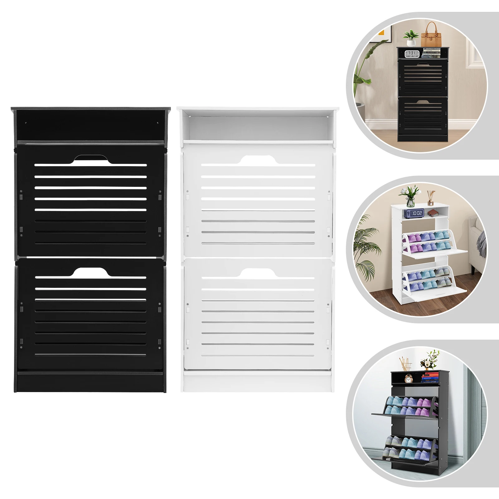 

2-Drawer PVC Flip Down Shoe Cabinet,White/Black Shoe Cabinet Freestanding Applicable 8 Shoes for Entryway,Corridors