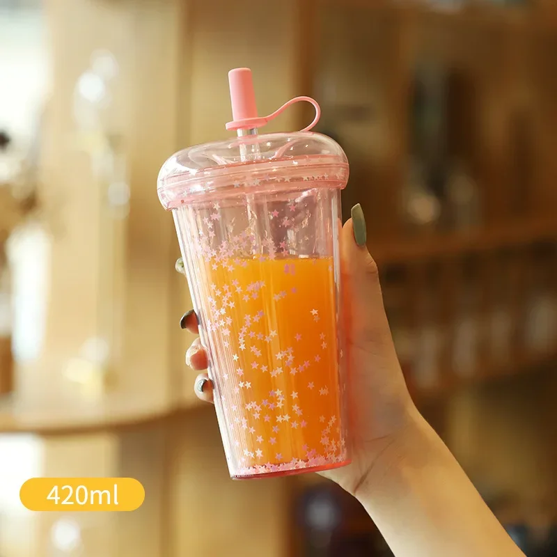 Ins Bubble Tea Cup Portable Tumbler with Straw Plastic Coffee Cups with Lid Transparent Water Bottle