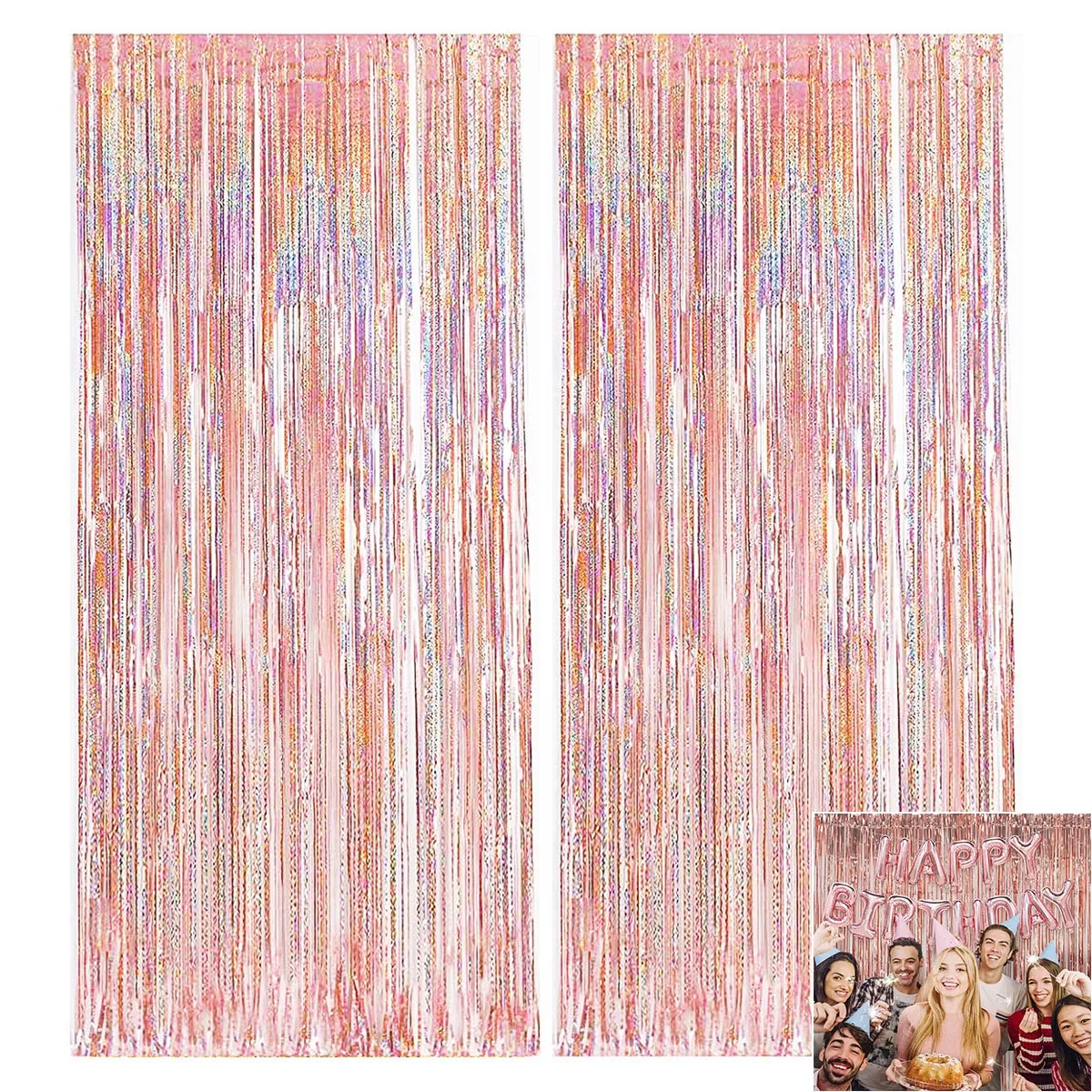 2Pcs 2m Rose Gold Metallic Foil Tinsel Curtain Girl Birthday Wedding Bridal Shower Party Decoration Tassel Background