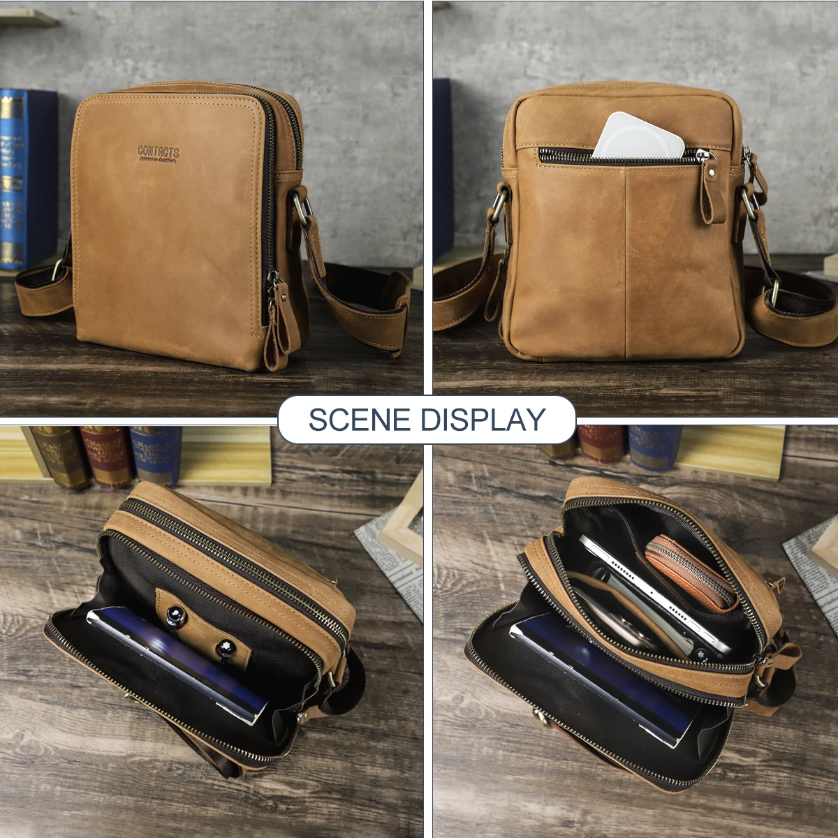 CONTACT\'S Casual Men Messenger Bags Genuine Leather Men\'s Shoulder Bag Famous Brand Design Male Bag High Quality Vintage Bolsos
