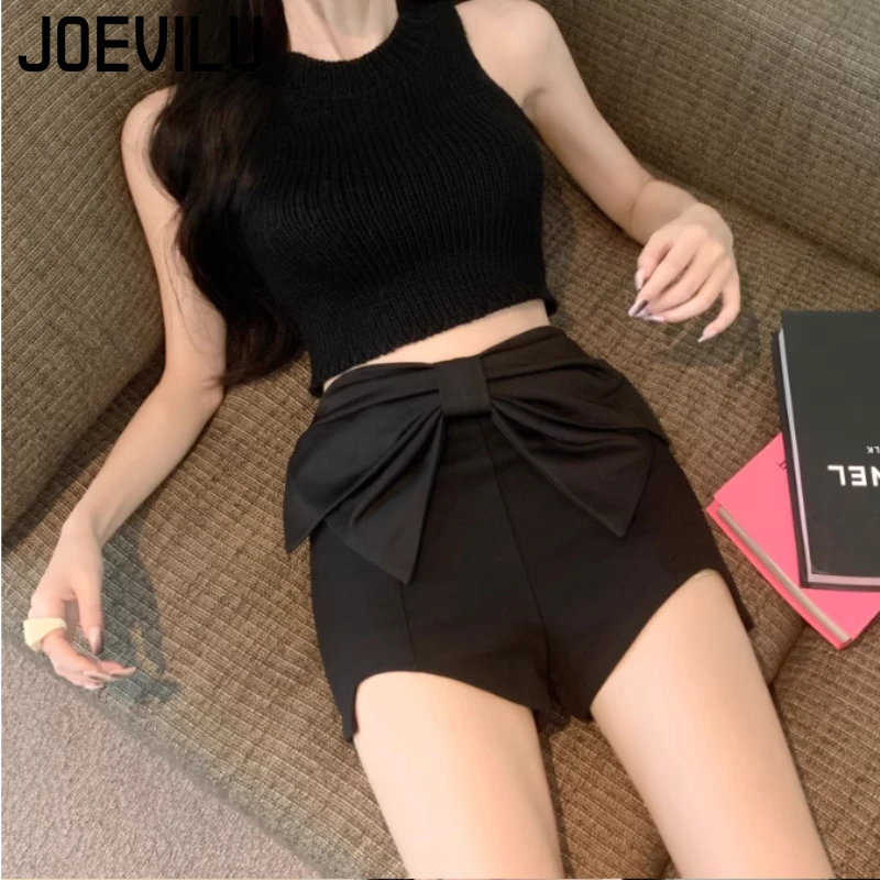 JOEVILU ハイウエスト蝶ネクタイショーツ夏の新フレンチスパイスガールズヒップスターパンツ不規則な黒のショーツトレンディな婦人服