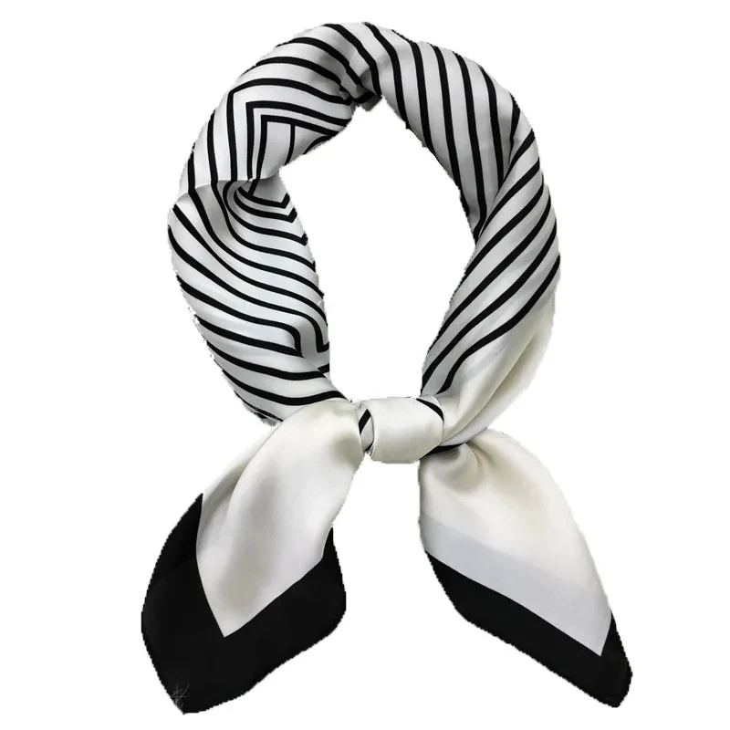 Luxury Imitation Silk Scarf Black And White Striped Head Wrap For Women Multifunction Silk Feeling Neckerchief