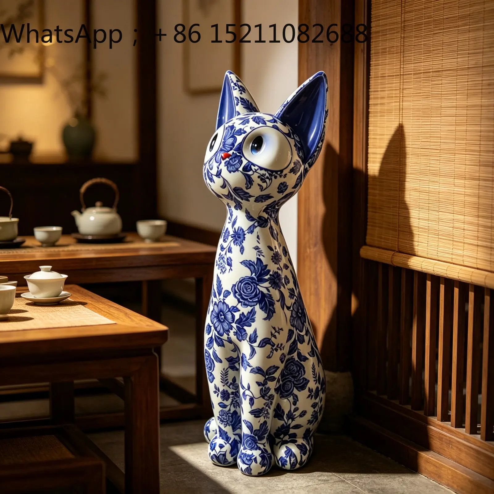 LLY Blue and White Porcelain Home Living Room Large Cat Opening Gift Office Sofa TV Cabinet Floor Ornament