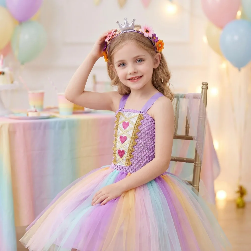 Heart Pattern Tulle Tutu Dress Fluffy Layered Mesh Gown Pastel Rainbow Skirt Elegant Princess Style Soft Sheer Delicate Apparel