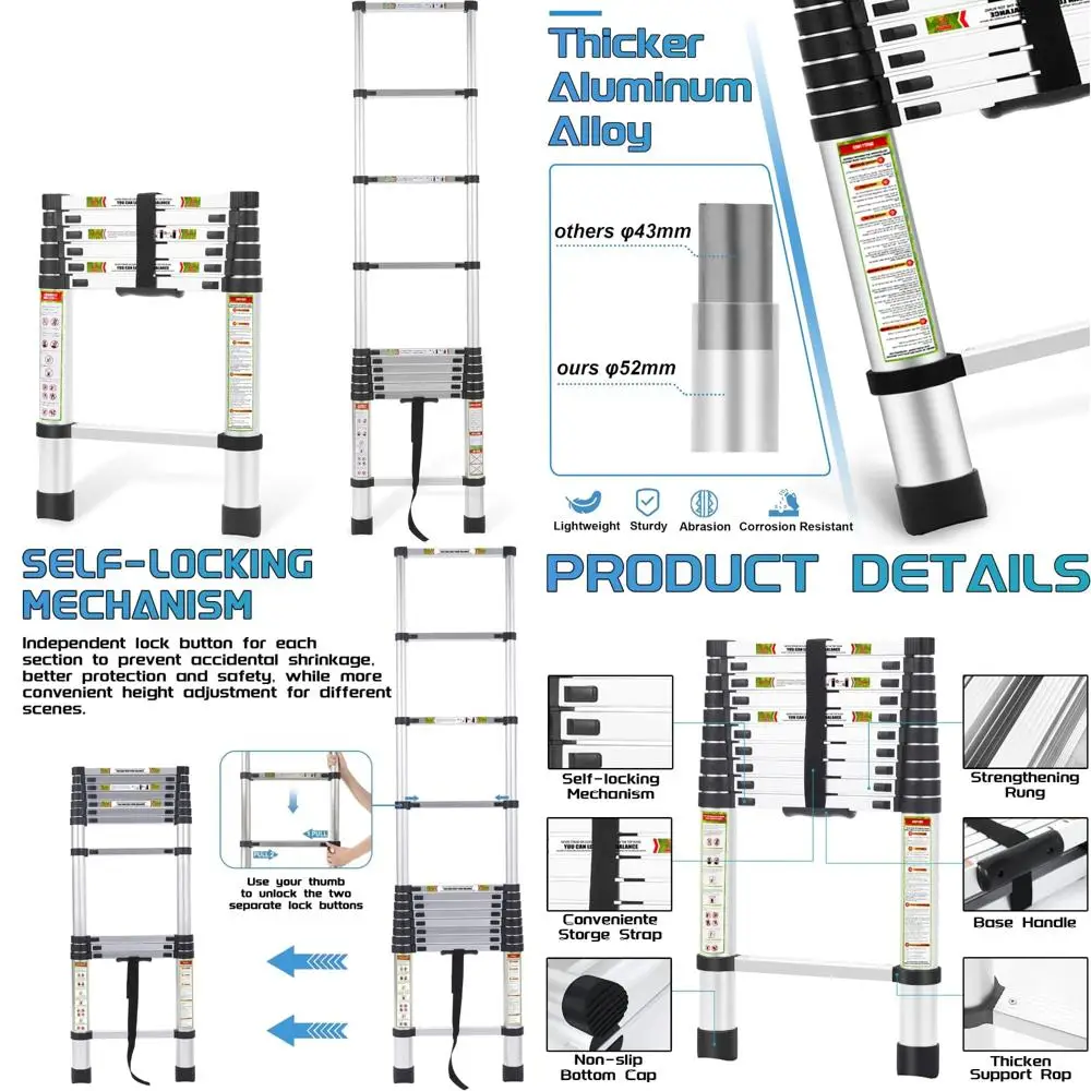 

Сверхмощная алюминиевая телескопическая лестница длиной 6,5 футов с нескользящими ножками, грузоподъемность 330 фунтов для доступа к автофургоне, чердаке и даху.