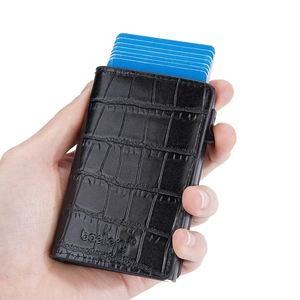 Men Wallet ID Credit Card Holder Mini RFID Wallet Automatic Pop Up Bank Card Case Black Crocodile print Vintage PU leather 2023