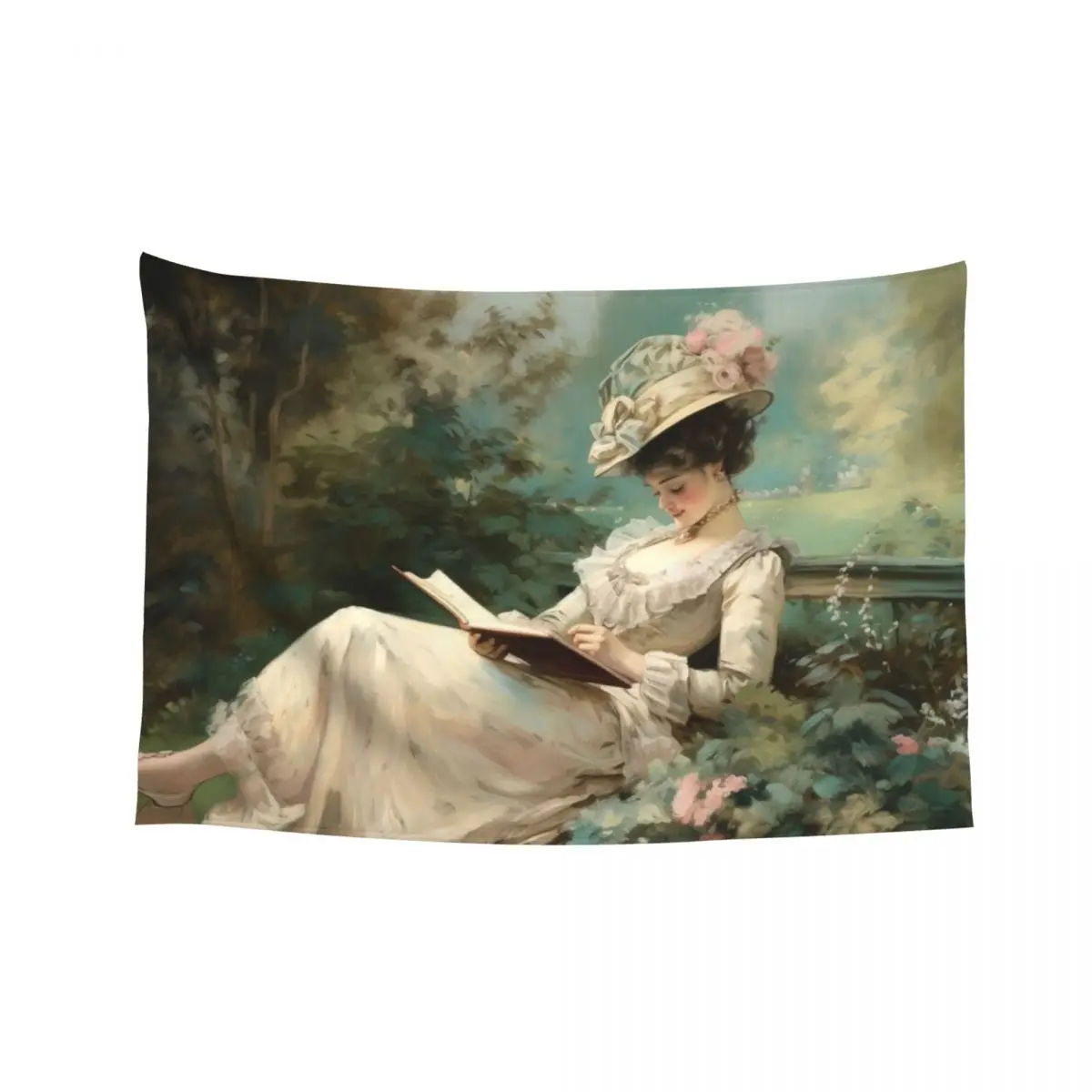 

Coquette aesthetic vintage painting of a woman reading in nature Tapestry Christmas Decoration Tapestry
