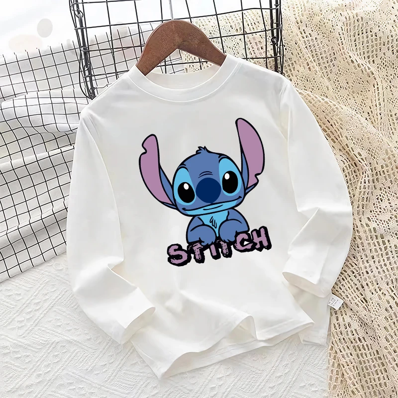 Stitch Disney Children Long Sleeve T-shirt Autumn Boys Girls Printed White Sweatshirt Casual Clothing Cartoon Anime Kids Gifts