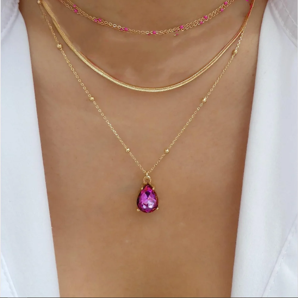Vintage Multilevel Artificial Pearl Chain Transparent Crystal Pendant Necklace For Women Girls Fashion Gold-plate Trend Jewelry
