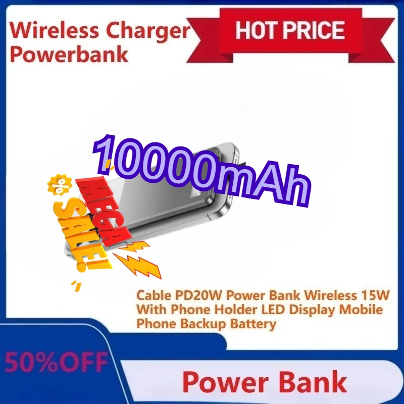 

Portable Charger Powerbank With Cable PD20W Power Bank Wireless 15W With Phone Holder LED Display Mobile Phone Backup Battery