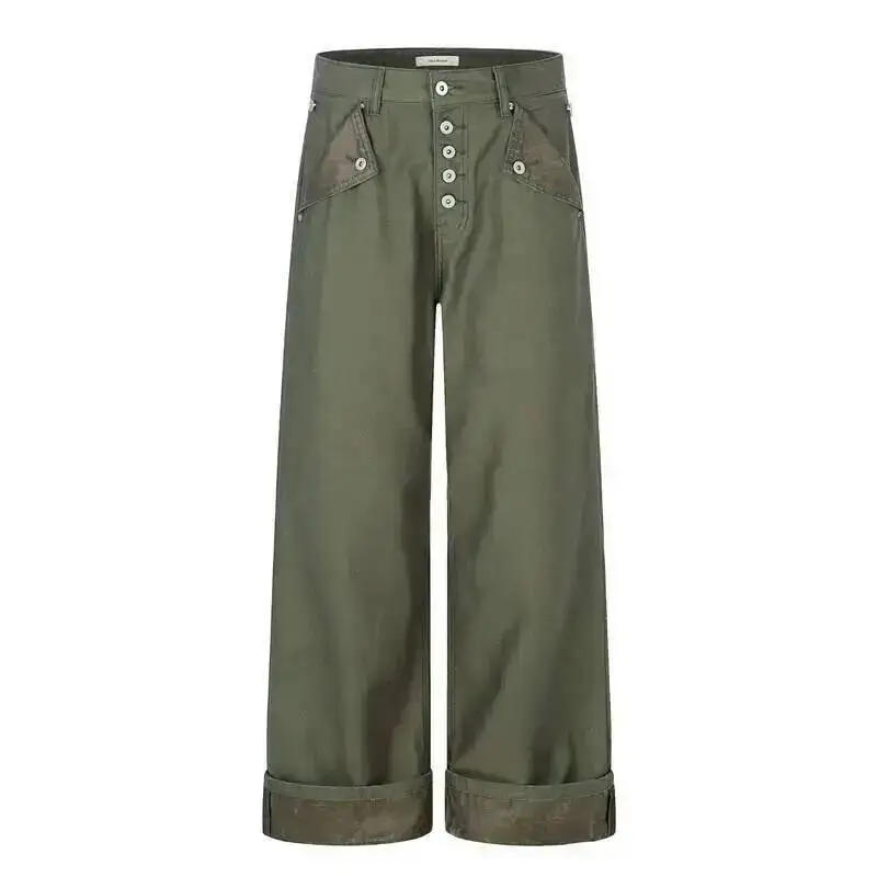 Men's Cargo Pants Army Green Washed Vintage Multi Pocket Loose Fit Cuffed Pockets Trendy Casual Trousers Fashion 9XXOTS