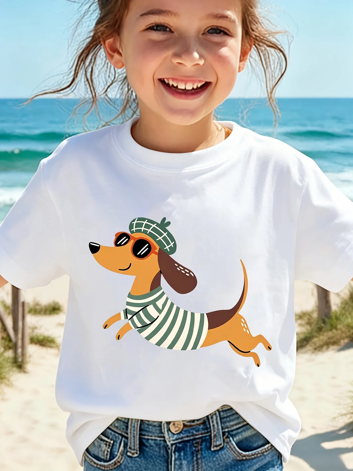 Cute French Style Dachshund Cartoon Graphic Family Matching T Shirt Boys Girls Short Sleeve Tees Parent Kid Same Summer Tops